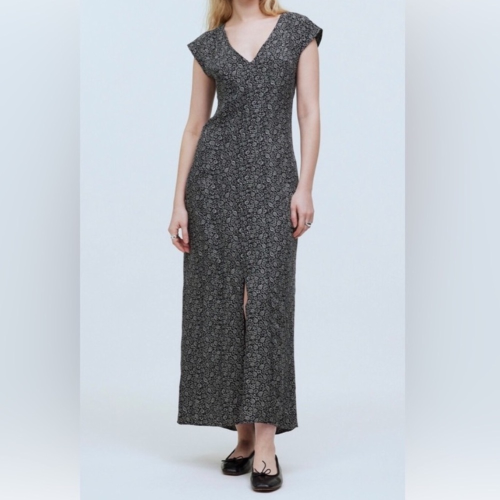 NWT Madewell Cap-Sleeve V-Neck Midi Dress in Floral Cupro-Blend 0
